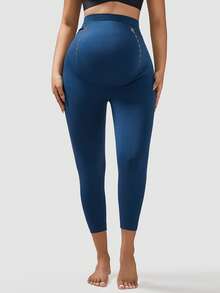 Maternity Abdominal Support 3/4 High Waist Full Length Leggings With Expandable Abdominal Support Panel - Blue - View 7