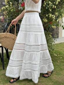 女士高腰镂空蕾丝设计优雅甜美 A 字裙 - 白色 - 查看 3