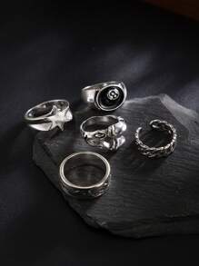 5pcs/Set Fashion Punk-Style Star Design Rings,Casual Everyday Wear For Men - Antique Silver - View 5
