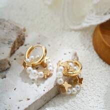 1 对金色蝴蝶星心橙色玻璃珠环状耳环，可拆卸，优雅，适合女性日常佩戴 - 金色 - 查看 4