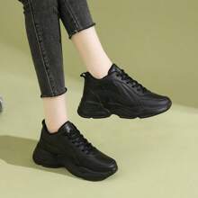 Spring Women Mid-Top Chunky Sneakers, Anti-Slip Women's Chunky Sneakers, Thick Sole Women Casual Sport Shoes, Versatile Fashionable Women Shoes - Black - View 4