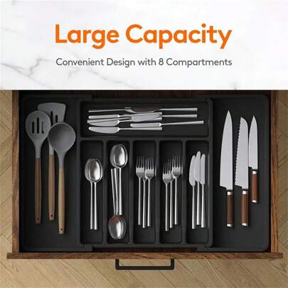 1pc Expandable Silverware Drawer Organizer Tray, Cutlery And Utensil Holder, Adjustable Plastic Storage Box For Spoons, Forks, Knives, Large Size, Cutlery Organizer, Kitchen Storage Box