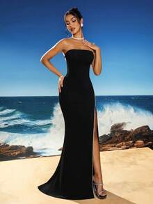 Elegant Strapless Chain-Trimmed High Waist Fishtail Formal Evening Gown, Party Dress, Wedding Guest Dress, Evening Dress - Black - View 6