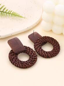 1 对手工藤条编织镂空圆形和矩形木质耳环，复古，适合海岛度假、聚会、礼物，咖啡棕色 - 咖啡棕 - 查看 5