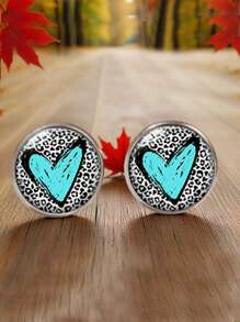 1 par de aretes tipo botón con estampado de leopardo y forma de corazón, de acero inoxidable, como regalo para el Día de la Madre
