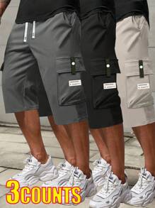 Hidkat paquete de 3 pantalones capri tipo cargo para hombres, con cintura con cordón, bolsillos grandes, parches con letras, pantalones deportivos de moda casual