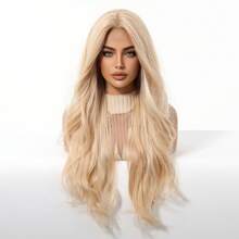 4 件套 28 英寸渐变棕色波浪蕾丝前假发，合成纤维，耐热，设计优雅 - 金色 - 查看 4