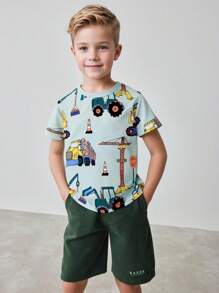 1pc Young Boy Casual Cartoon Excavator & Bulldozer Print Round Neck Short Sleeve T-Shirt, Fashion Spring Summer