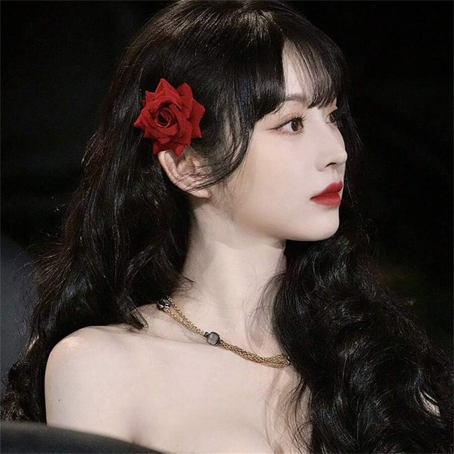 1 pièce Épingle à cheveux fleur de rose rouge réaliste, pince élégante pour la frange latérale, accessoire décoratif pour les cheveux en forme de pince, barrettes pour les cheveux - Multicolore - Voir 1