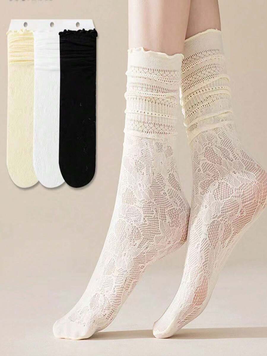 1 Pair / 2 Pairs / 3 Pairs Women Thin Lace Hollow Out Crew Socks With Ruffle Trim, Casual Mid-Calf Socks For Daily Wear, Fall - Multicolor - View 1