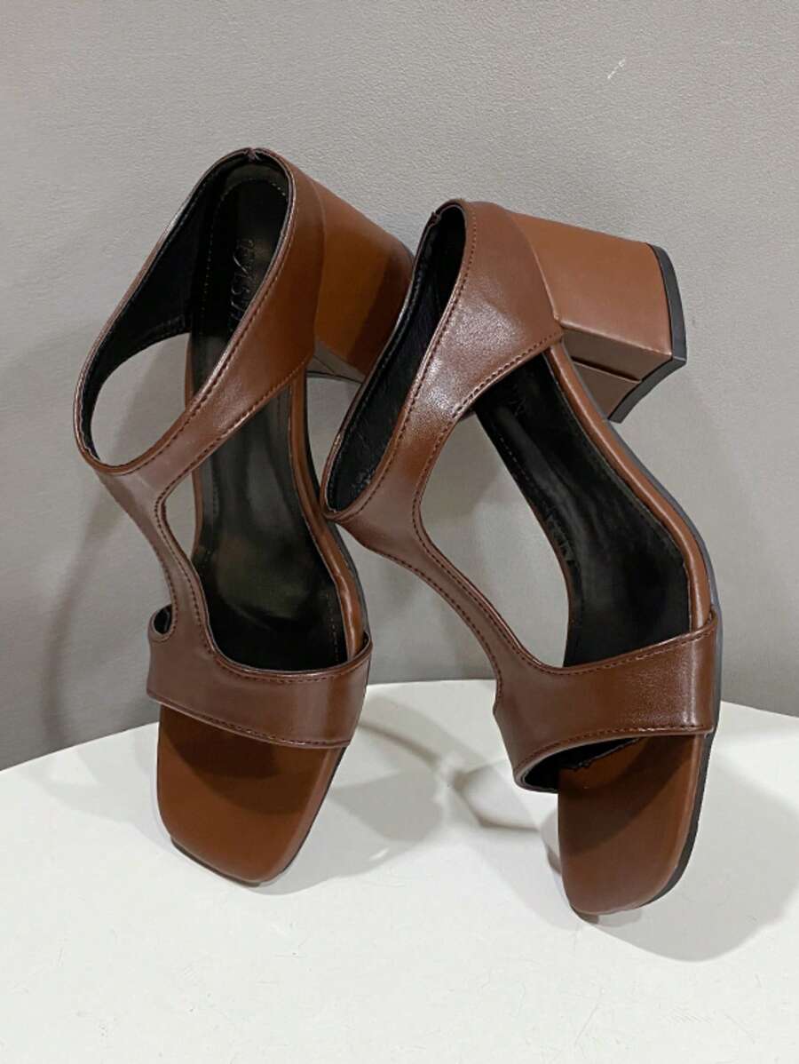 女士时尚 T 型带粗跟凉鞋、方头高跟凉鞋 - 棕色 - 查看 1