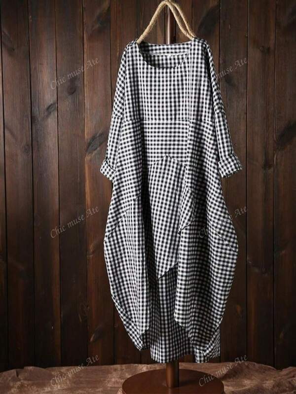 Comfortable Loose Plaid Cross-Over Elegant Round Neck Dress