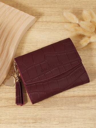 Burgundy Bag Charry Red Bag Wine Red Bag,Fashionable Tri-Fold Women's Short Wallet With Crocodile Texture And Heart-Shaped Hardware, Premium Leather Material, Multi-Card Slots For Credit Card, Bank Card, And Coin Storage, Compact Design For Bills And Coins, Tassel Pendant For Stylish Look, Perfect For Travel, Work, And Daily Use, Ideal Gift For Girlfriend, Mother, Or Teacher, And Elegant Design