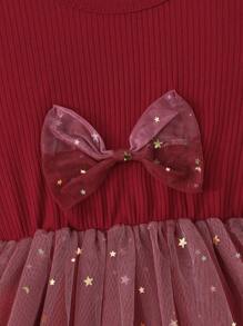 Zomermeisjes Sweet Lady Puff Sleeves Strik Pailletten Mesh Feestjurkje