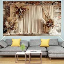 Boho Chic Brown Curtain With Light Reed & White Flowers - High-Quality Polyester Photography Backdrop, Washable & Ironable Party Banner For Vibrant Decor Gifts Birthday Graduation Birthday Decorations Party Decorations Bachelorette Wedding