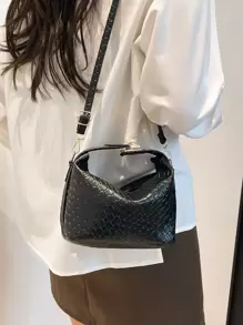 1 件迷你编织图案印花方形包，PU 可调节肩带斜挎包，带拉链，女士时尚手提包，适合日常使用、约会、购物、工作 - 黑色 - 查看 3