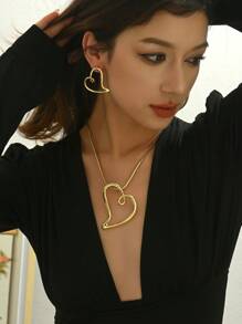 1pc Metal Hollow Heart Necklace And 1 Pair Earrings Set, Minimalist Fashion Style, Suitable For Parties & Gifting