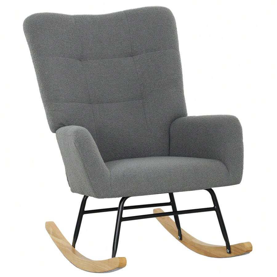 HOMCOM Rocking Chair, Teddy Upholstered Accent Chair, Modern Armchair With Wide Backrest And Rubberwood Base For Living Room, Bedroom, Grey - Grey - View 1
