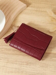 Fashionable Tri-Fold Women's Short Wallet In Burgundy With Crocodile Texture And Heart-Shaped Hardware, Premium Leather Material, Multi-Card Slots For Credit Card, Bank Card, And Coin Storage, Compact Design For Bills And Coins, Tassel Pendant For Stylish Look, Perfect For Travel, Work, And Daily Use, Ideal Gift For Girlfriend, Mother, Or Teacher, And Elegant Design - Rose Red - View 7