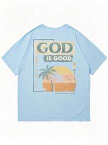 Men's Slogan Palm Tree Print Crew Neck T-Shirt - Baby Blue - View 4