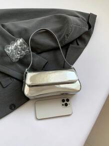 Fashionable Plain Glossy Crossbody Shoulder Bag For Women, Metal Mirror Simple Office Flap Underarm Messenger Pouch