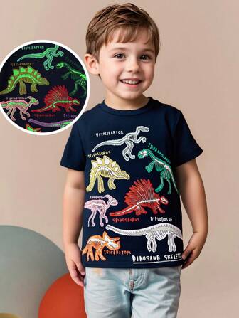 少年夜光卡通恐龍印花夏季短袖T恤，時尚風格