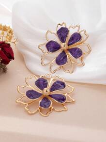 时尚优雅的波西米亚风金属珐琅镂空花朵首饰套装、项链、耳环、戒指，适合日常和节日佩戴，随机花朵设计 - 紫色 - 查看 12