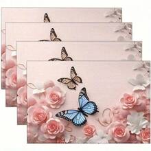1/4/6-Piece Spring Table Placemats, Designed With Beautiful Flowers And Butterflies, Woven From 100% Polyester Fiber, Machine Washable Polyester Placemats, Heat-Resistant, Stain Resistant, Waterproof, Easy To Clean, Suitable For Desktop Decoration, Holiday Party Decoration, Desktop Protection, Can Be Used As Gifts, Household Items, Kitchen Supplies, And Spring Interior Decoration.