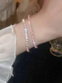 2 件时尚女士粉水晶弹力手链，闪亮的 Y2K 风格弹力手链套装，是送给女士的理想礼物，适合派对和日常佩戴 - 粉色 - 查看 4