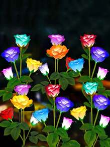 2pcs 4-Head Rose Waterproof Decorative LED Solar Wooden Post Lights, 7-Color Changing Landscape Lights, A Bunch Of 4-Head Waterproof Rose Lights, Garden And Garden Wedding Party Decorative Lights, Outdoor Garden Lighting For Pathway, Yard, Patio