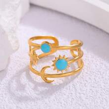 1-3pcs Fashion Bohemian Drip Oil Sun, Moon, Star, Stainless Steel Gold And Silver Open Rings, Suitable For Women Daily Wear Or As Valentine's Day Gift, Wedding, Beach