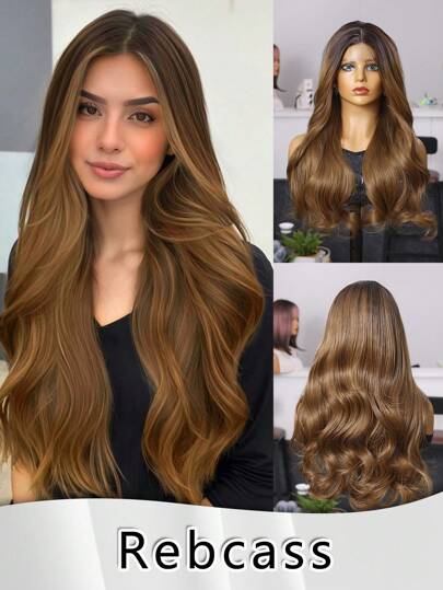 U 型蕾丝假发 4*2 24 英寸棕色直发合成纤维耐热假发弹力网帽适合所有人全机器制造适合日常派对，高品质女性自然美合成柔软假纤维头发