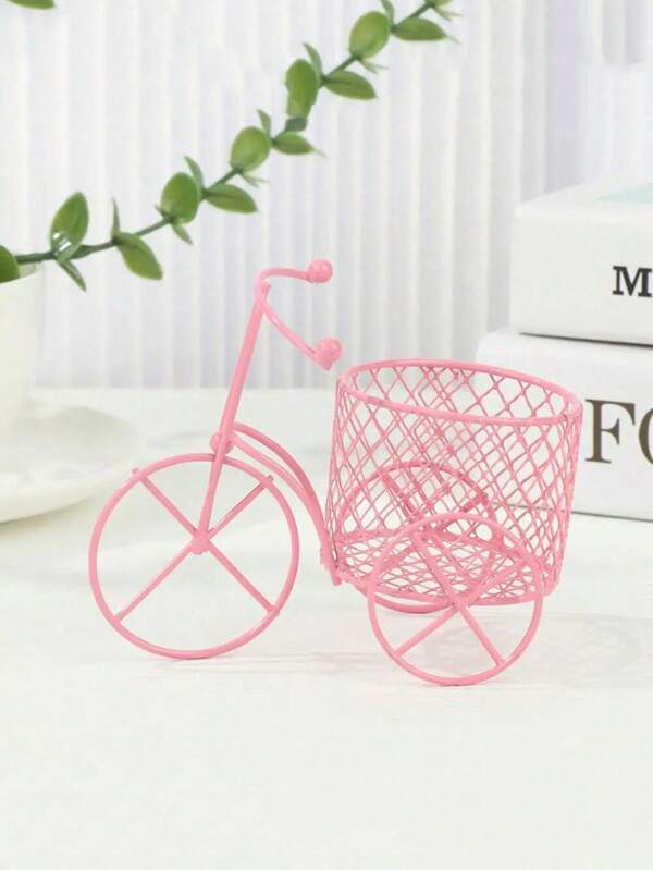 1pc Triciclo de Ferro Rosa Cesta de Doces Organizador de Armazenamento de Cosméticos, Decoração Criativa para Presentes de Casamento