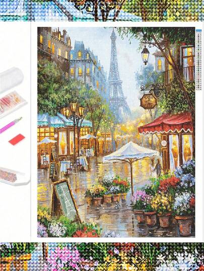 DIY Diamond Painting Kit For Adults, Paris Flower Shop Street Scene Full Round Diamond 5D Mosaic Art, Home Wall Decor, Beginner Gift Gifts Birthday Graduation Diamond Painting Diamond Art