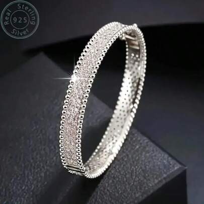 1 pieza Brazalete de plata esterlina S925 totalmente empavonado con moissanita, diseño circular de princesa abierto estilo pulsera de tenis, diseño de lujo vintage, adecuado para regalo, evento de celebración, joyería de Ramadán