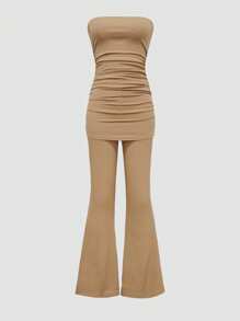 2pcs Set, Sleeveless Ruched Top & Waistless Flared Leg Pants, Suits For Spring/Summer - Khaki - View 1