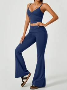 NcmRyu Women Solid Color Y-Back Padded Camisole And High Waist Flare Legs Pants Sports Suit, Slimming