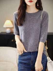 Top à encolure ronde et manches courtes pour femmes, printemps/été, de LINY XIN. Pull surdimensionné léger et doux en laine pure