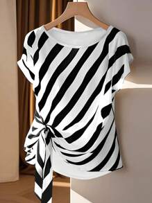 Franclia Casual Summer Holiday Striped Knot Round Neck Sleeveless Bow Hem Open Slit Women Shirt - Black and White - View 2