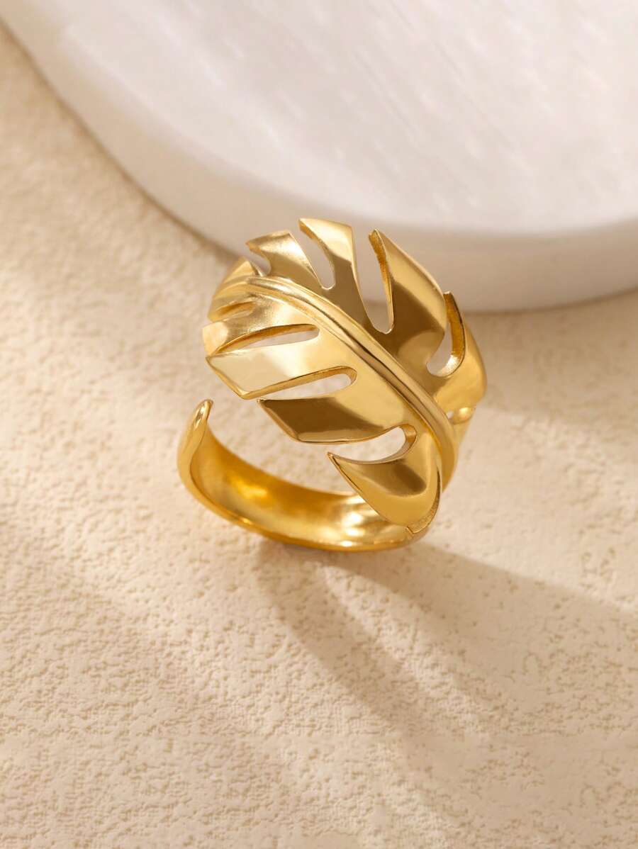 1 件装 女士复古叶形戒指 金色不锈钢开口可调节戒指 时尚珠宝礼物 - 彩色 - 查看 1