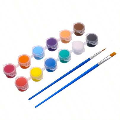 2ml 6色丙烯颜料套装（含画笔），3ml 12色6件套学生美术绘画和着色用品（含画笔），适用于画布、岩石、风筝、扇子、木材、石材、玻璃、陶瓷、织物、DIY工艺品、复活节、儿童节、万圣节、圣诞节礼物