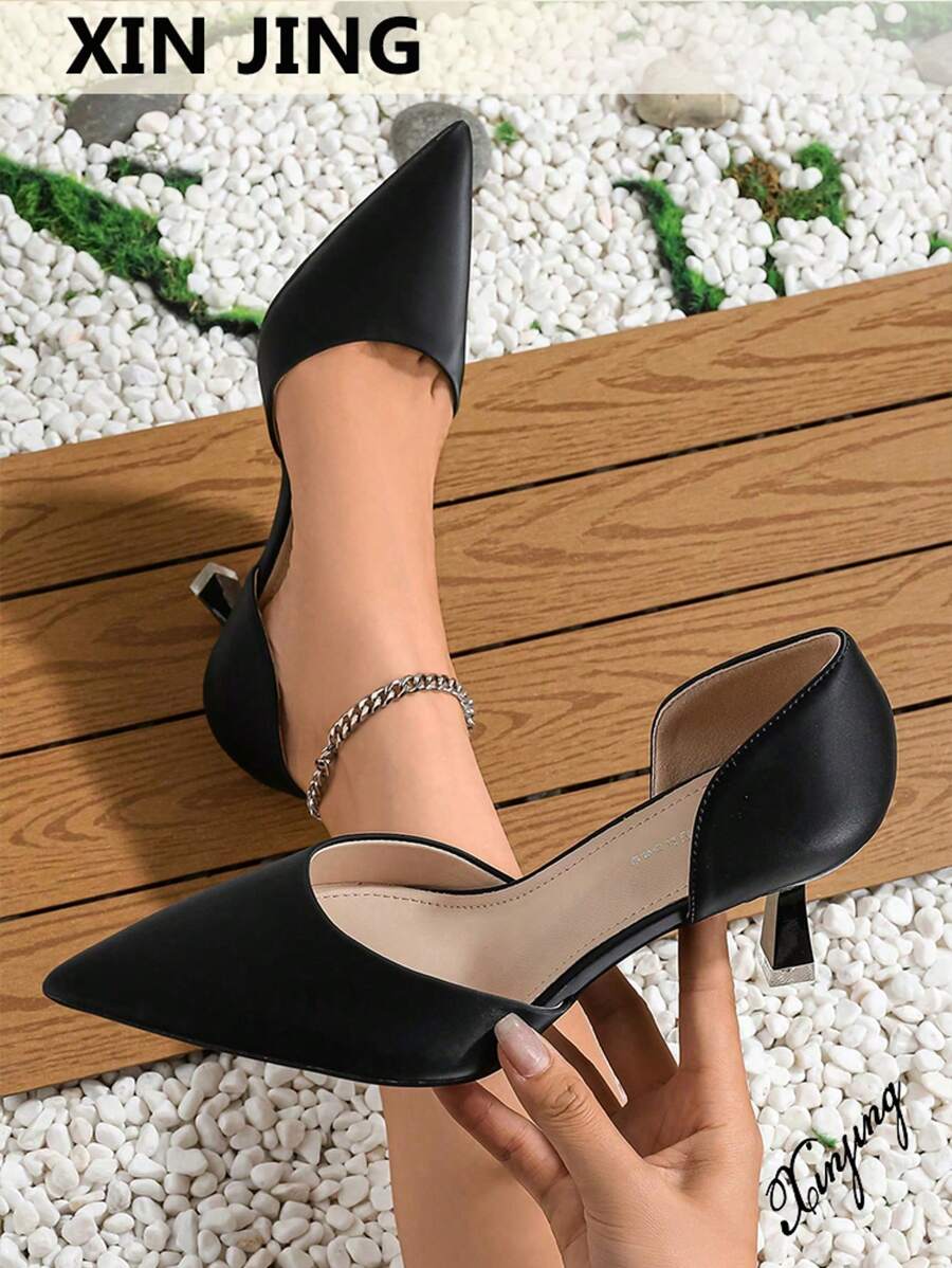 Xin Jing Shoes 新款时尚镂空套脚高跟鞋，休闲及办公场合婚礼派对女鞋，优雅猫跟