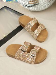 1 Pair Girls' Cork Anti-Slip Thick Sole Slippers, Soft & Comfortable, Fashionable Sequin With Crystal Design, For Girls Aged 3-15, Suitable For Outdoor, Beach, Seaside