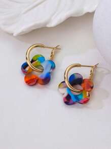 1 Pair Fashionable Cute Multi-Color Acrylic Five-Petal Pendant Earrings, Suitable For Women, Great For Date, Party, Gift - Multicolor Mixing - View 5