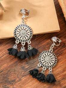 2pcs Retro Simple Exquisite Colorful Sunflower Cloth Ear Clips Bohemian Geometric Tassel Earrings For Women, Clip On Design - Clip - View 5