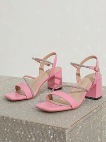 Women's Square Toe Thick High Heel Rhinestone Decor Elegant Chic Versatile Fashion Sandals - Pink - View 6