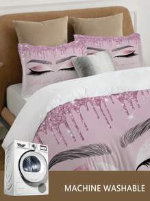 3pcs Eyelash & Slogan Pattern Duvet Cover Set, Soft Polyester, All-Season Zipper Closure, Machine Washable, Digital Print, Includes 1 Duvet Cover And 2 Pillowcases
