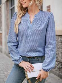 SANOPY Womens Blouses,Blouses For Women Dressy Casual,Long Sleeve Blouses For Women,Women's Striped Half Open Collar Balloon Sleeve Casual Shirt - 藍色 - 查看 1