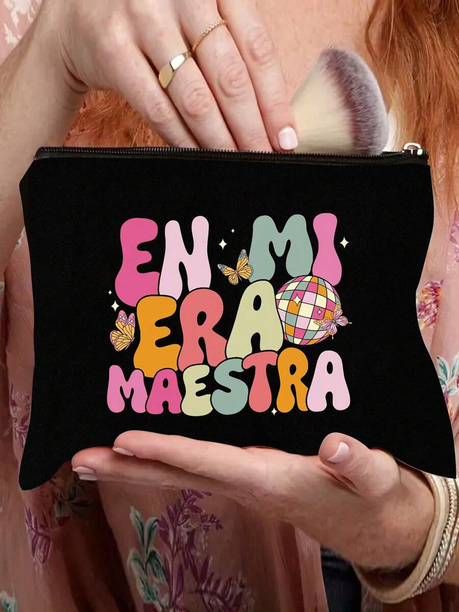 1 件教师礼物，送给最好的老师，字母印花化妆包，礼品袋拉链袋，适合旅行 - 黑色 - 查看 1