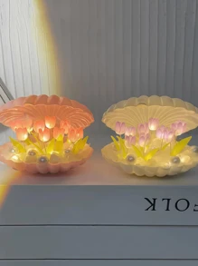 1个贝壳郁金香夜灯，内含20朵郁金香，手工DIY创意设计，电池供电，适用于客厅、卧室装饰、婚礼、桌面摆设、派对及节日装饰，精致的生日礼物 - 彩色 - 查看 2